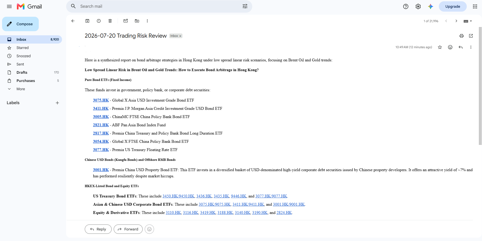 Morning trading risk review email