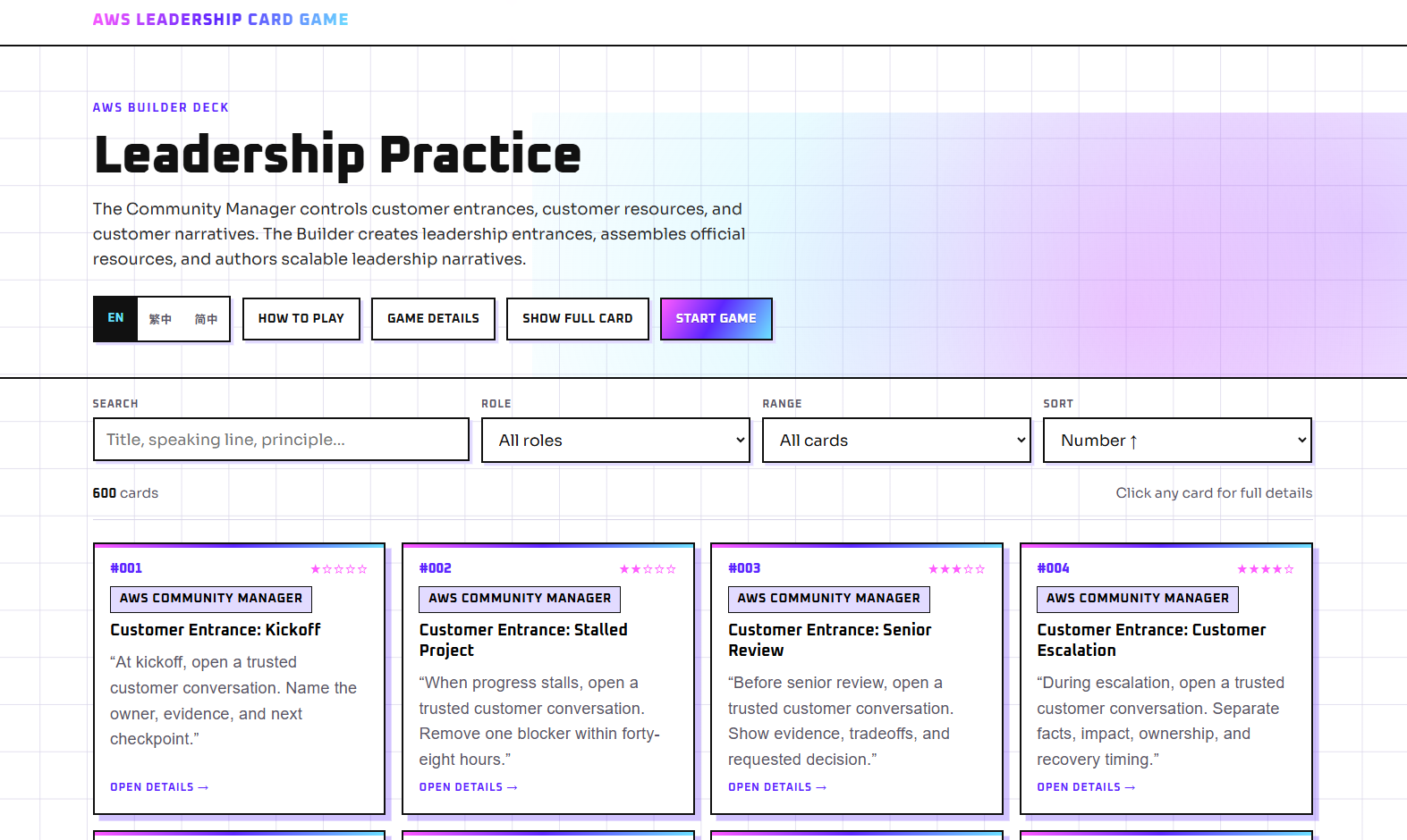 Leadership Practice browse view for the AWS Builder deck.